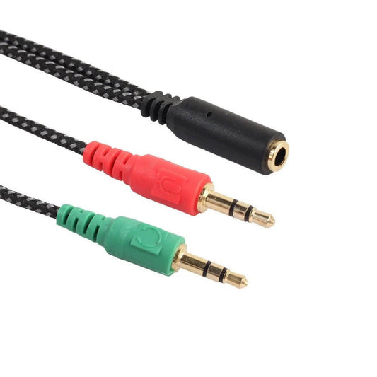 3.5mm audio female to 2 male adapter cable with woven net design, perfect for mic and headphone connections.