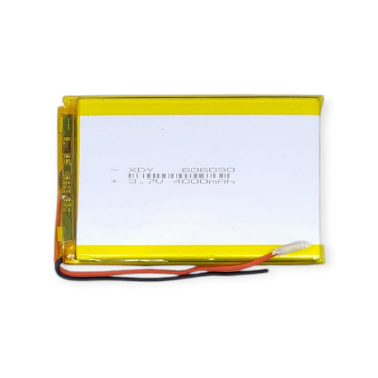 Back view of the 3.7V 4000mAh LiPo battery showing model 606090 and specifications.