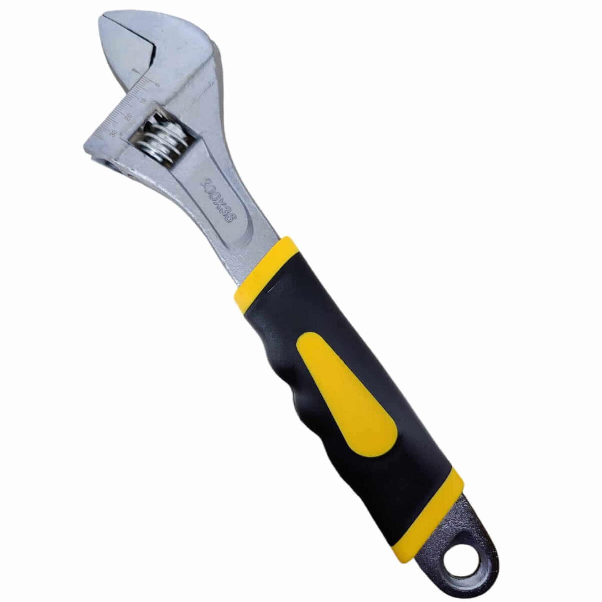 Close-up of 300mm spanner jaw showing laser-etched metric scale