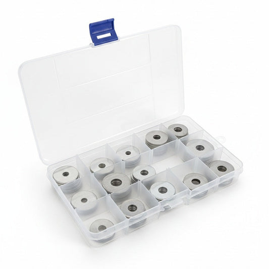 75 piece assortment of 304 stainless steel fender washers in an open organizer box.