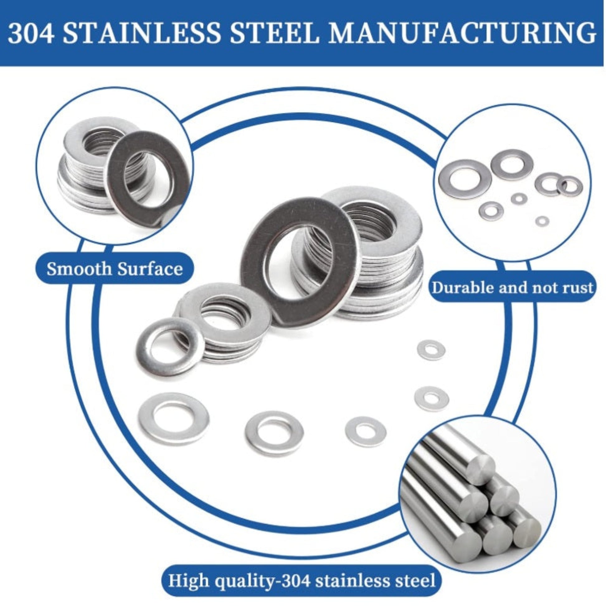 High-quality 304 stainless steel washers featuring smooth surfaces and rust-resistant properties.