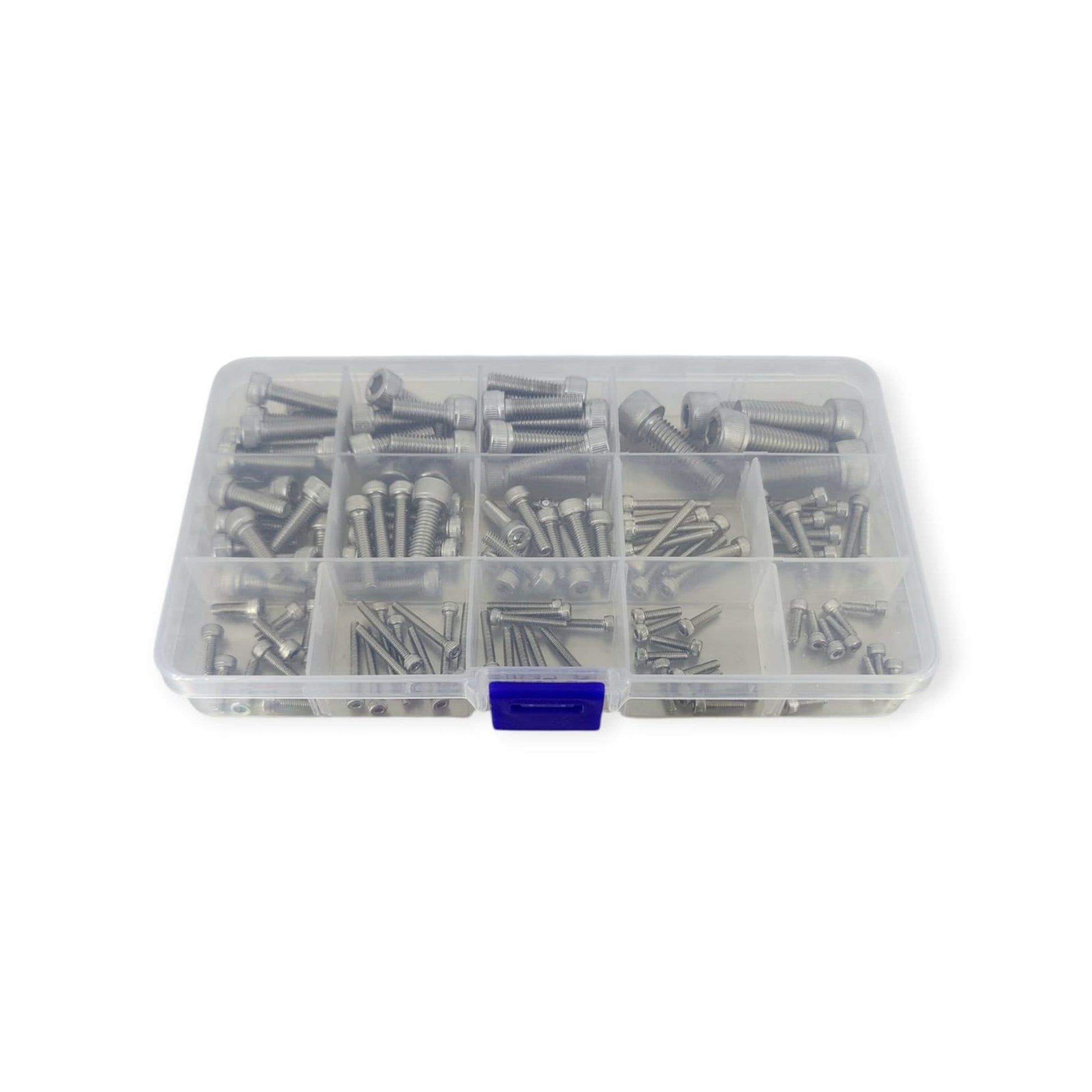 A top-down view of a 135-piece socket cap screw assortment in a clear plastic organizer case with multiple compartments.