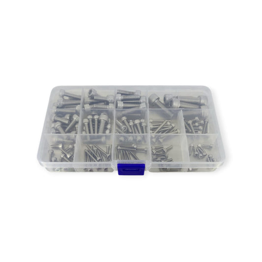 A top-down view of a 135-piece socket cap screw assortment in a clear plastic organizer case with multiple compartments.