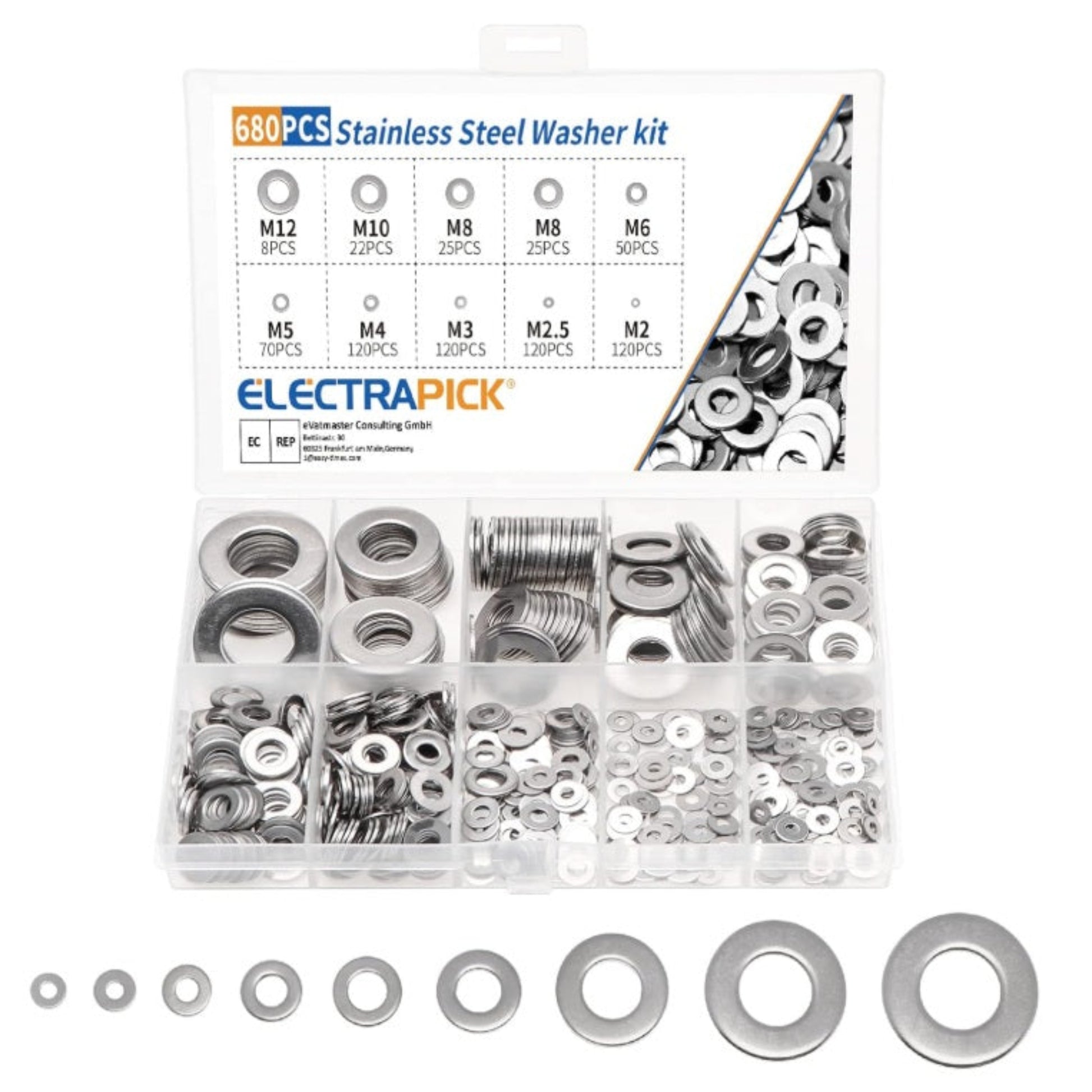 680pcs 304 stainless steel flat washer assortment kit in a transparent organizer box.