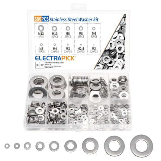 680pcs 304 stainless steel flat washer assortment kit in a transparent organizer box.