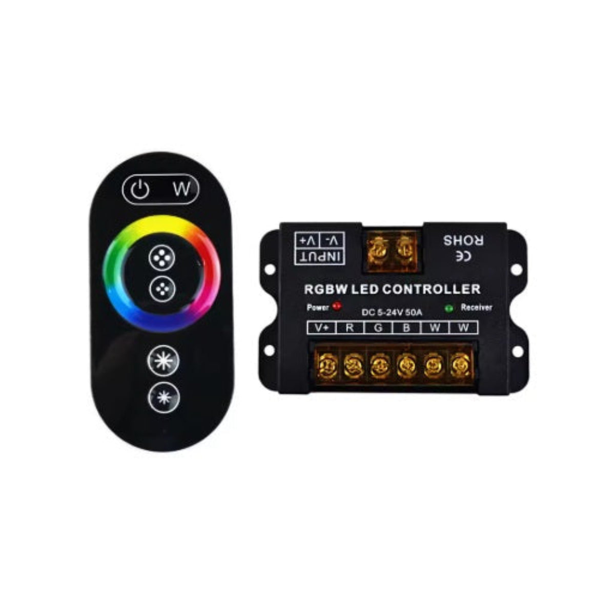 30A RGBW LED 燈帶控制器連 2.4G RF 觸控遙控器套裝正面視圖，支援 DC 5-24V 輸入及最高 720W 負載。