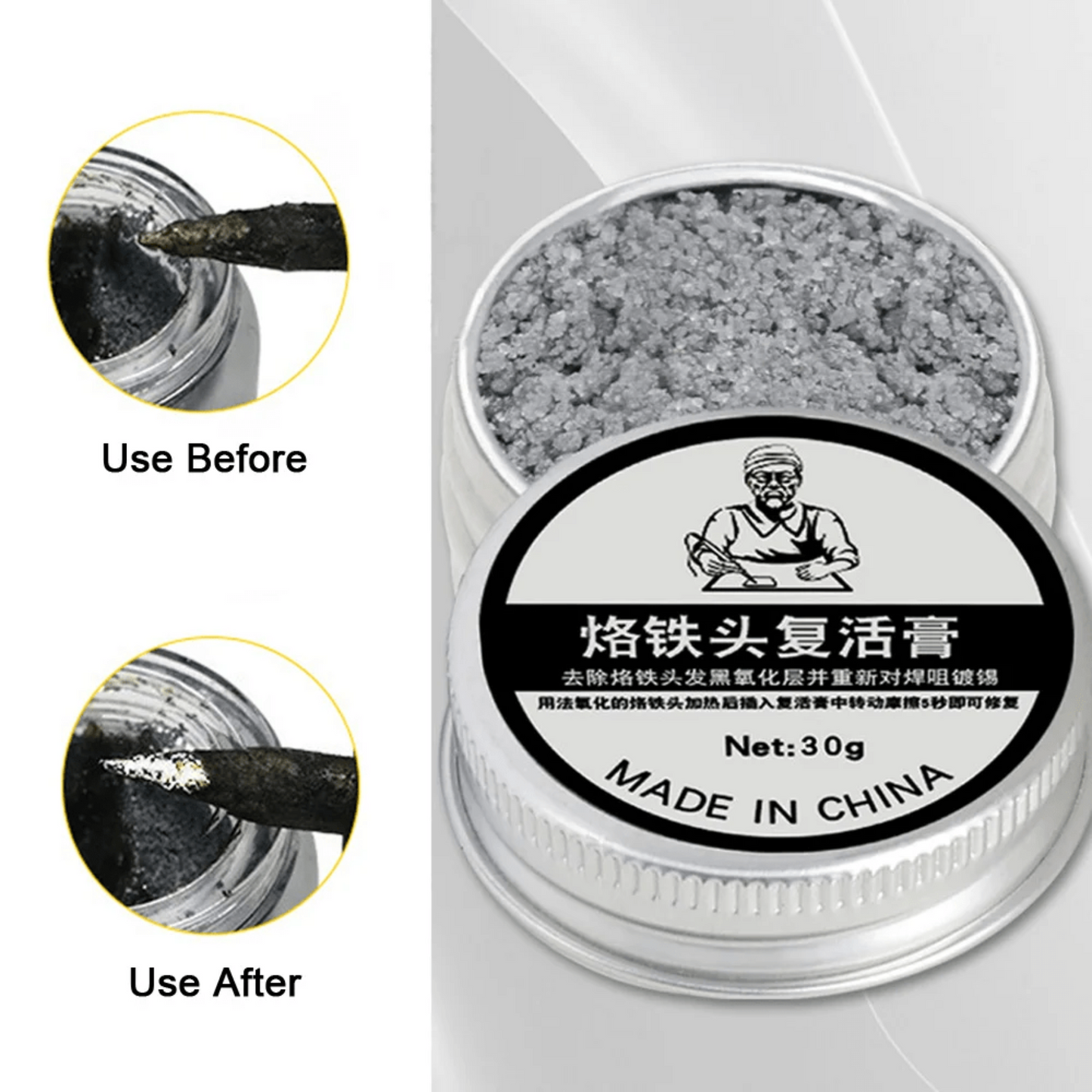 30g soldering iron tip refresher cleaning cream, before and after use, effective oxidation removal, lead-free solder tools.