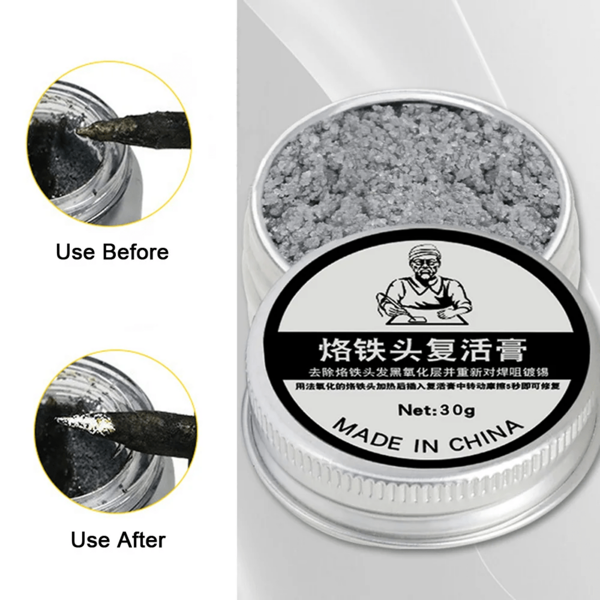 30g soldering iron tip refresher cleaning cream, before and after use, effective oxidation removal, lead-free solder tools.