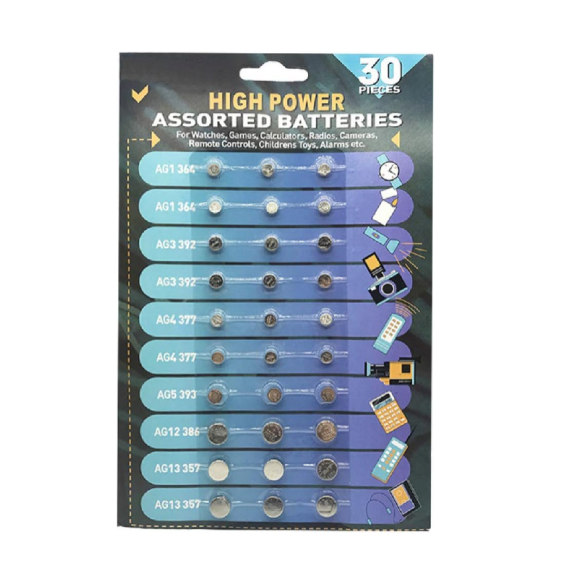 30-pack assorted high power button cell batteries for watches, toys, and electronics with six popular sizes.