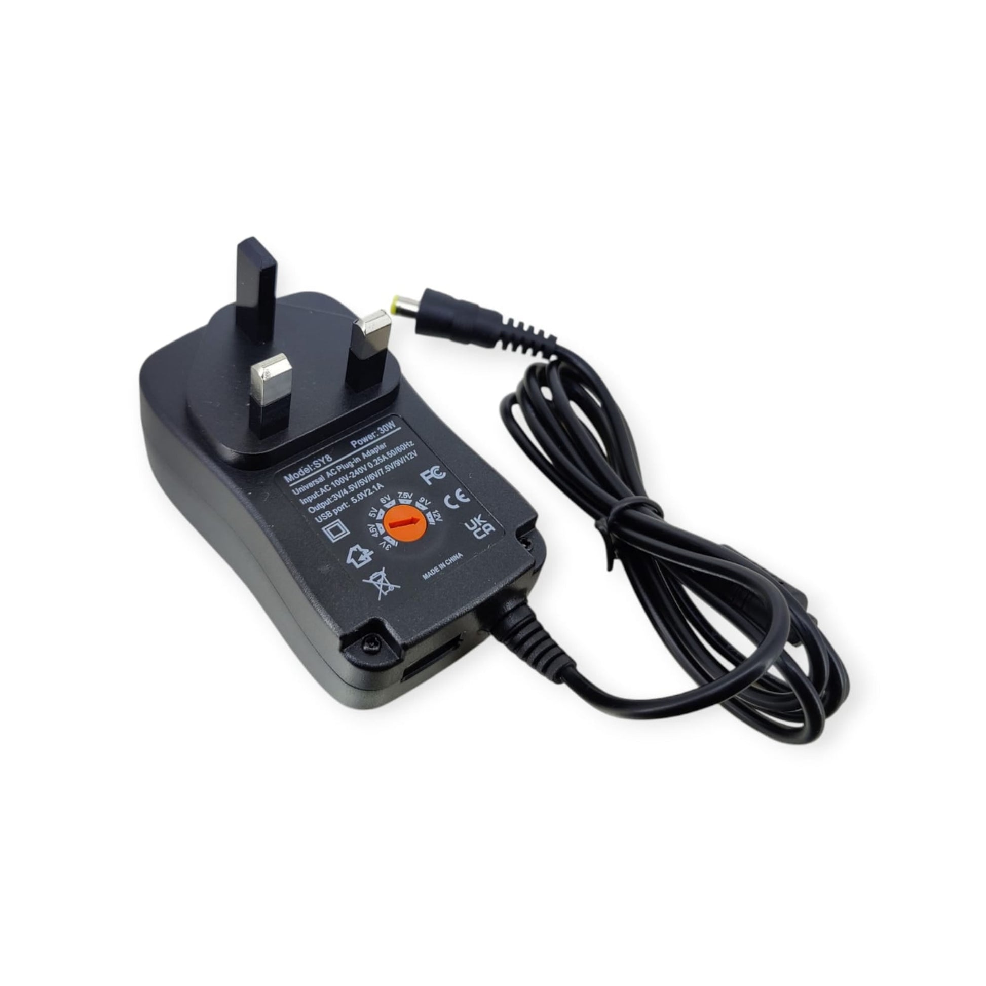 Top-down view of the 30W universal adapter showing the UK 3-pin plug and 3-12V adjustable voltage dial.