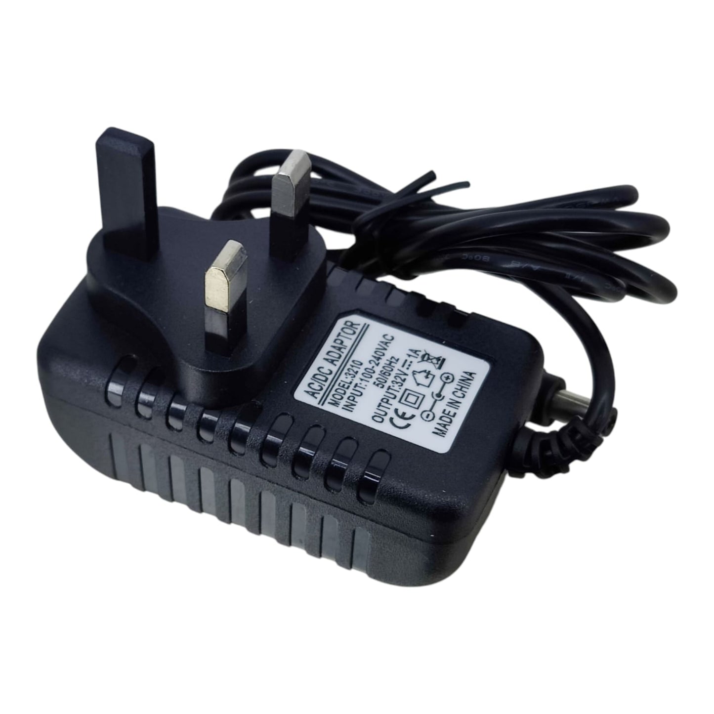 Angled view of the 32V 1A power supply for vacuum cleaners, clearly displaying the 32V 1A output and UK plug.