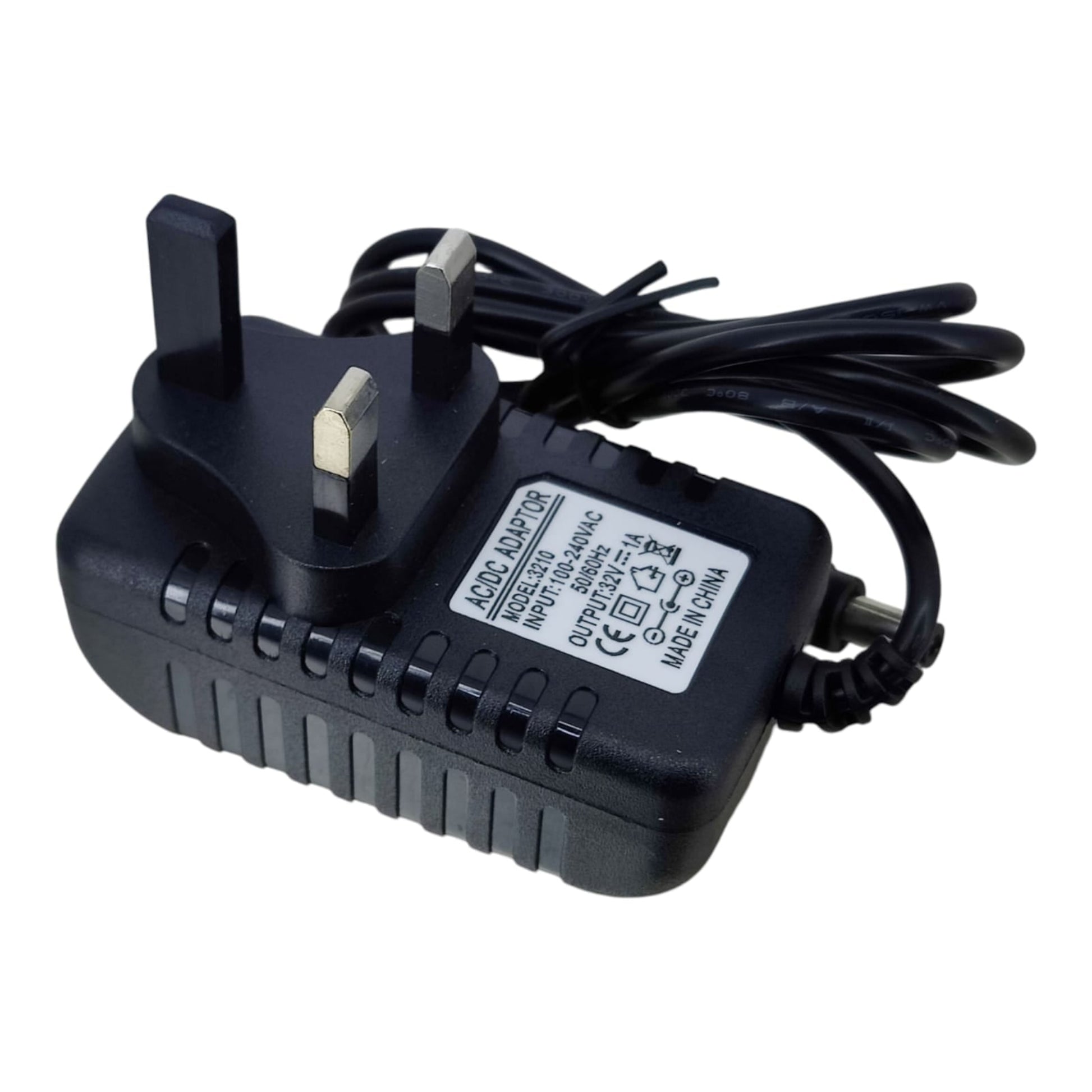 Angled view of the 32V 1A power supply for vacuum cleaners, clearly displaying the 32V 1A output and UK plug.