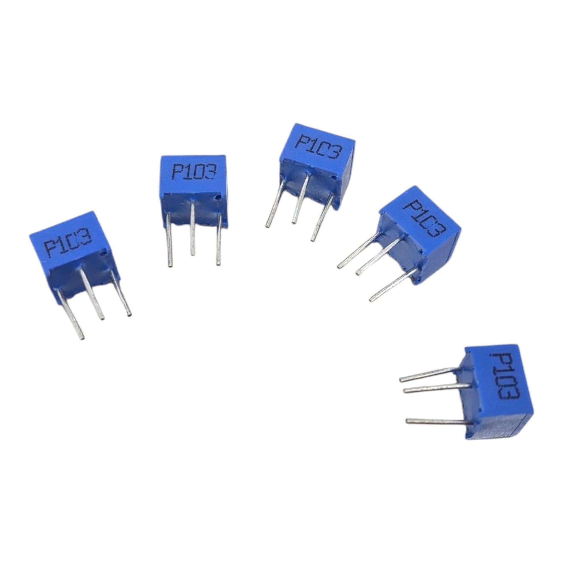 藍色外殼的 3362P 103 可變電阻 5 粒套裝，是 Arduino 及 Raspberry Pi DIY 專題必備的基礎電子零件。