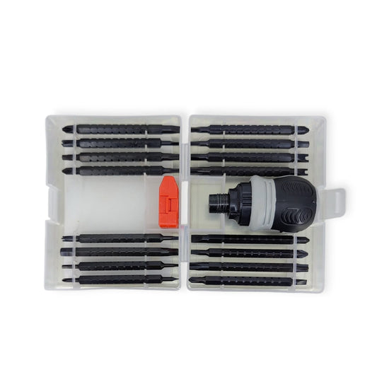 A 34-in-1 ratcheting screwdriver set shown organized in its open transparent plastic case.