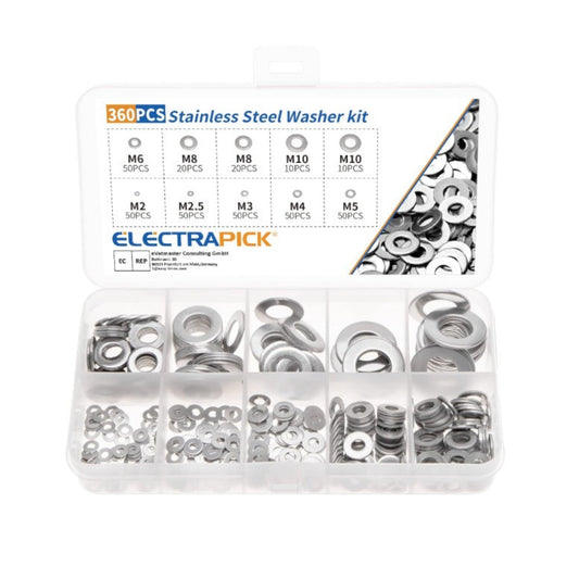 360-piece 304 stainless steel flat washer assortment kit in a transparent organizer box