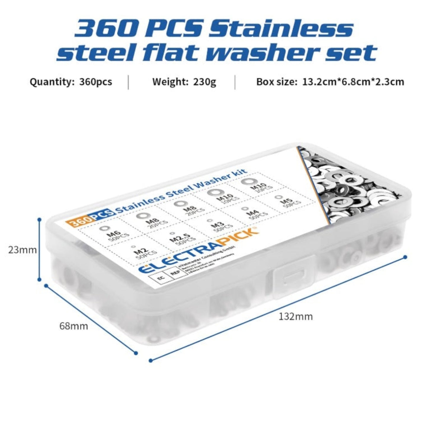 Dimensions of the 132mm hardware organizer box for flat washers