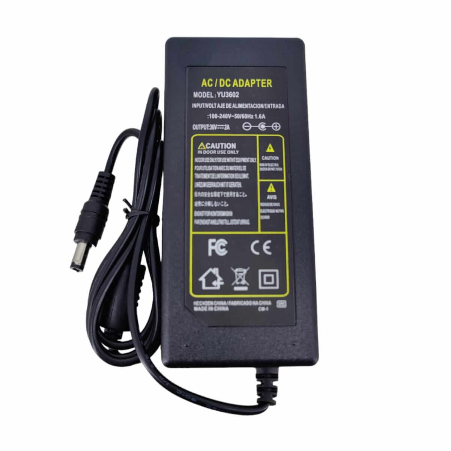 36V 2A AC/DC power adapter, 100-240V input, 36V 2A output with clear label.