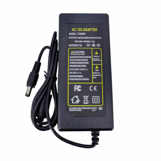 36V 2A AC/DC power adapter, 100-240V input, 36V 2A output with clear label.