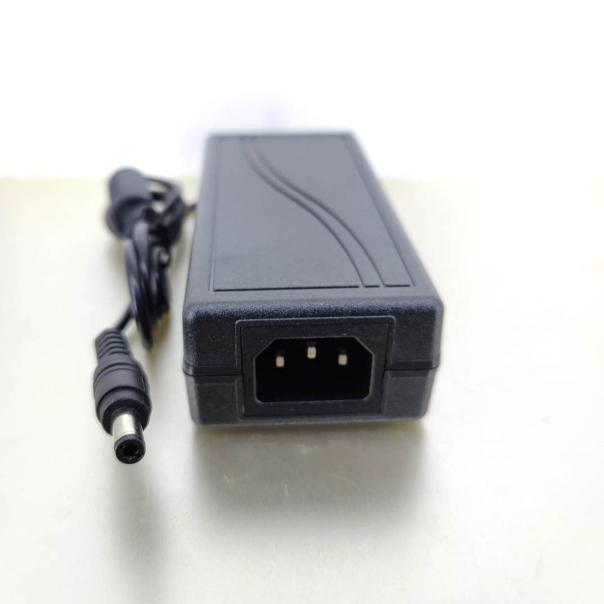 IEC 320-C14 input port and 5.5x2.1mm DC output barrel connector on 36V 2A charger.