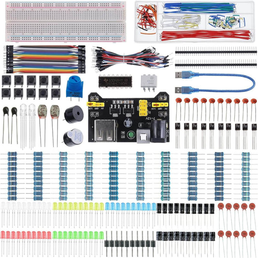 480 pcs electronics component kit with breadboard, jumper wires, resistors, LEDs, and power supply module for beginners