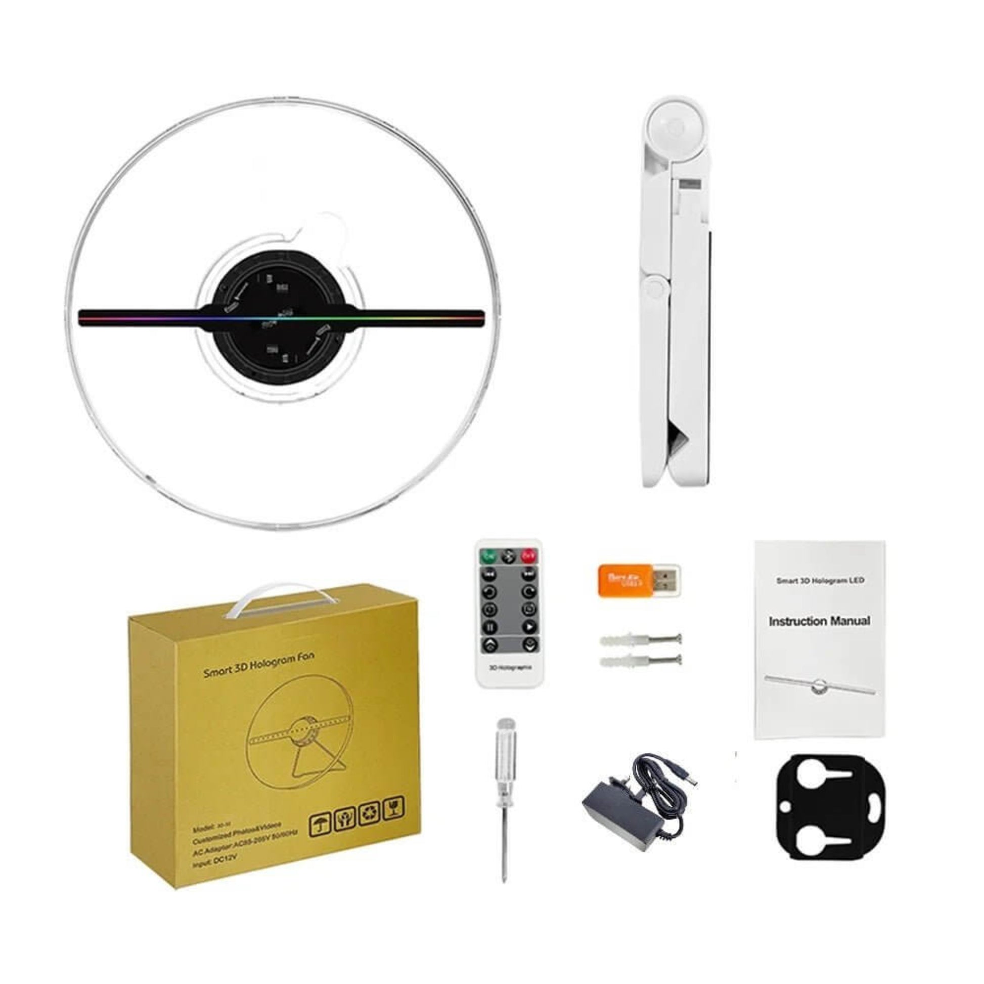 25CM 3D Holographic Fan Screen Rotating Display for Advertising accessories including remote and instruction manual.
