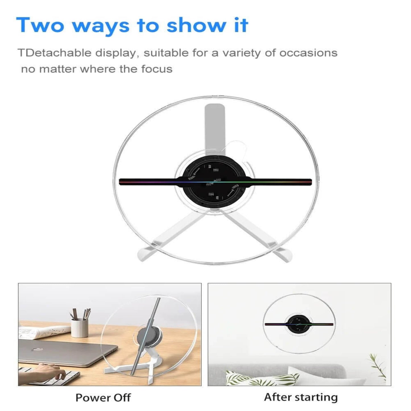25CM 3D Holographic Fan Screen Rotating Display for Advertising showcasing Power Off and After starting views.