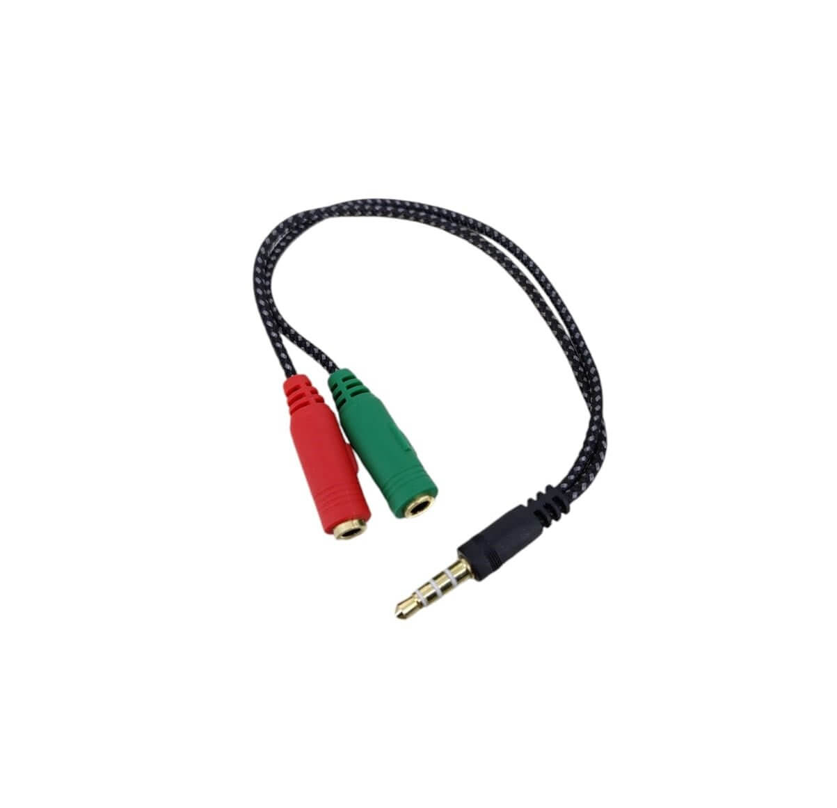 3.5mm headphone and mic splitter adapter with red and green connectors for PC, PS4, and Xbox.