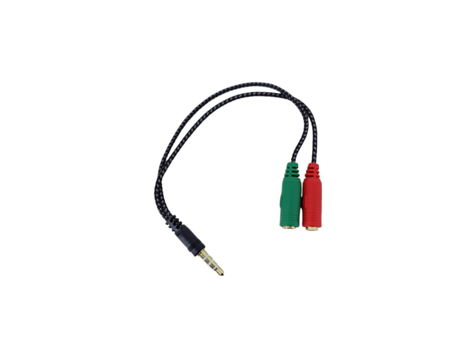 3.5mm headphone and mic splitter adapter with black braided cable, green and red connectors.