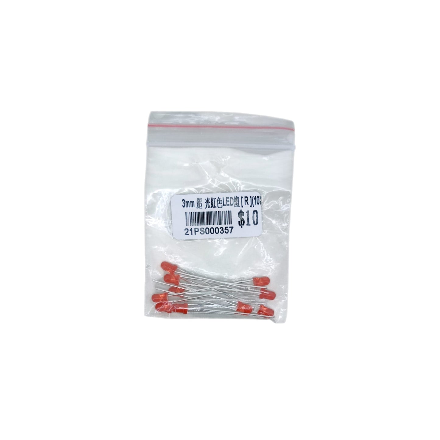 10pcs pack of 3mm ultra-bright red LED diodes with 27mm long pins.
