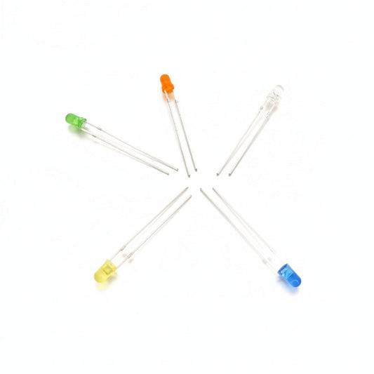 High-visibility 3mm round head LED diodes in various colors for circuit design.