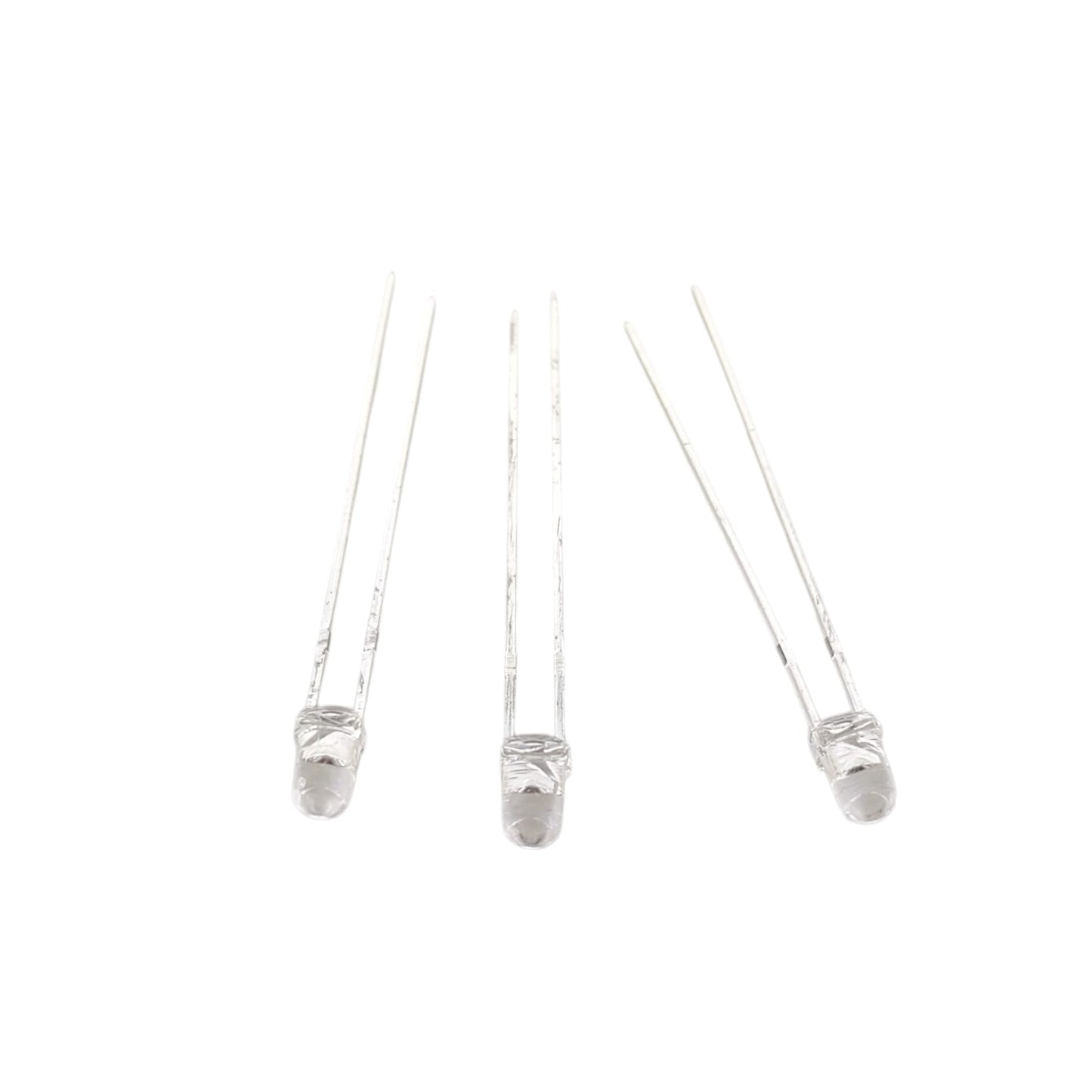 Set of three clear 3mm UV LED diodes with long leads on white background.