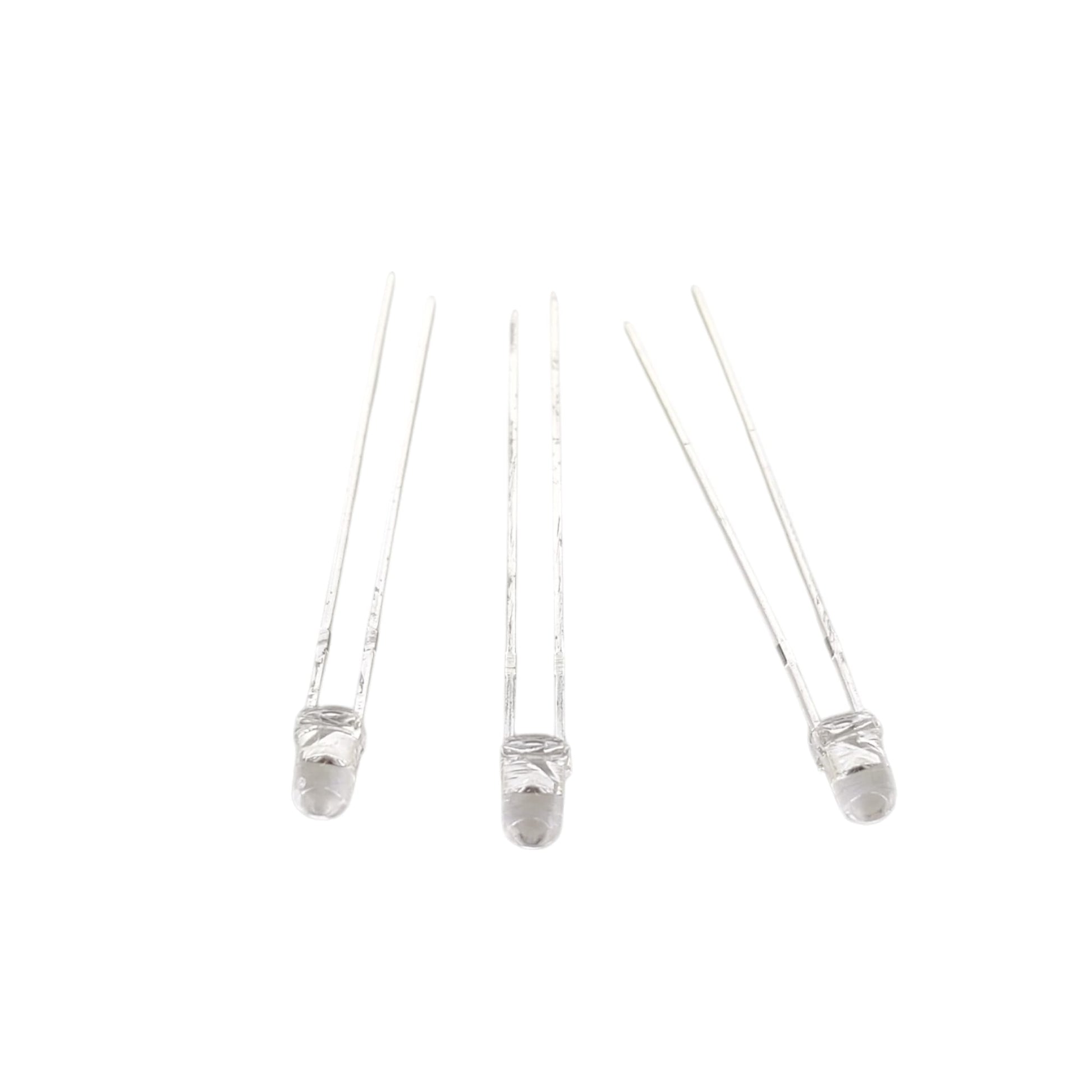 Set of three clear 3mm UV LED diodes with long leads on white background.
