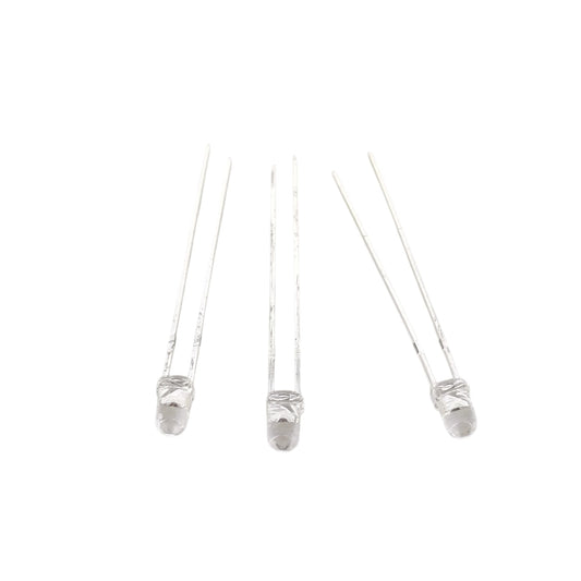 Set of three clear 3mm UV LED diodes with long leads on white background.