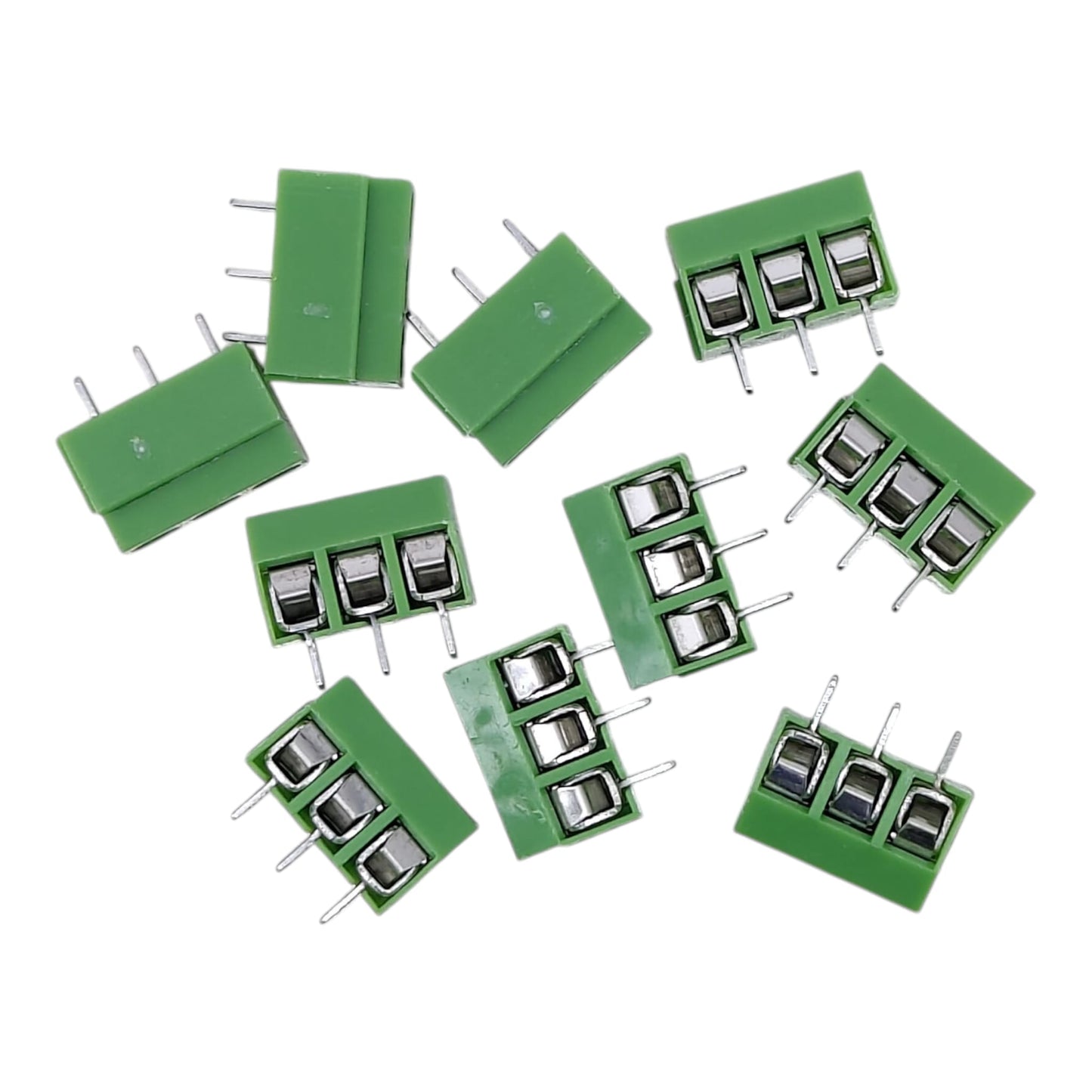 10 pieces of 3-pin green PCB screw terminal blocks, modular interlocking design for circuit boards.