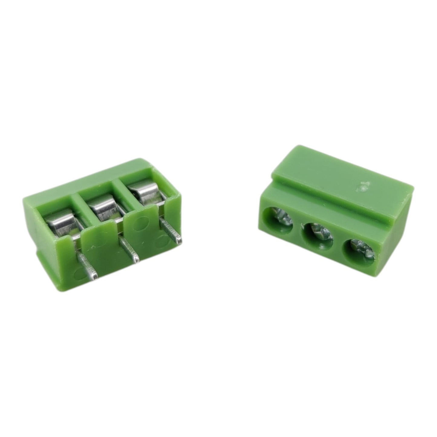 Detailed view of 3-pin green terminal block showing wire entry points and secure metal clamping mechanism.