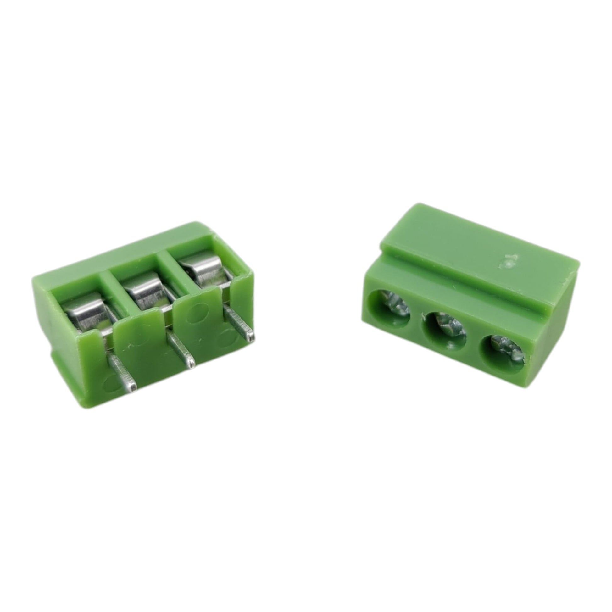 Detailed view of 3-pin green terminal block showing wire entry points and secure metal clamping mechanism.