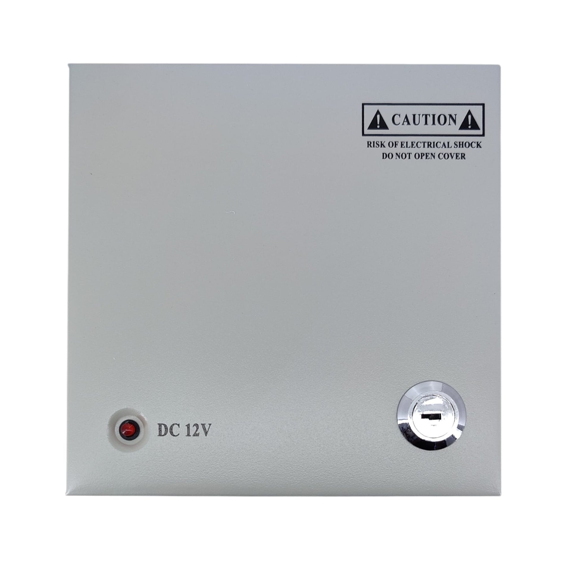 4路 12V 5A 閉路電視金屬電源箱正面，設有防盜安全鎖及電源指示燈。