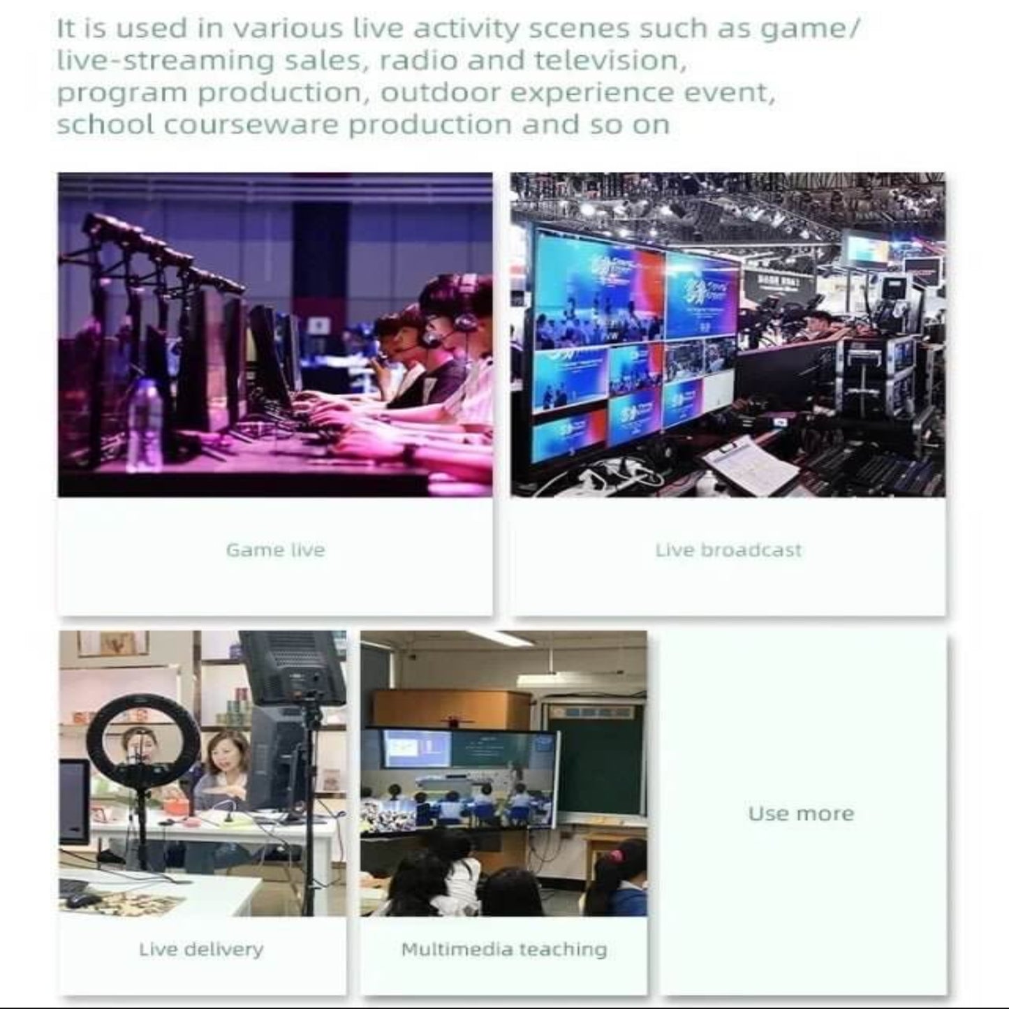 Collage of multi-scene applications for live streaming: gaming, live broadcasting, delivery, and multimedia teaching.