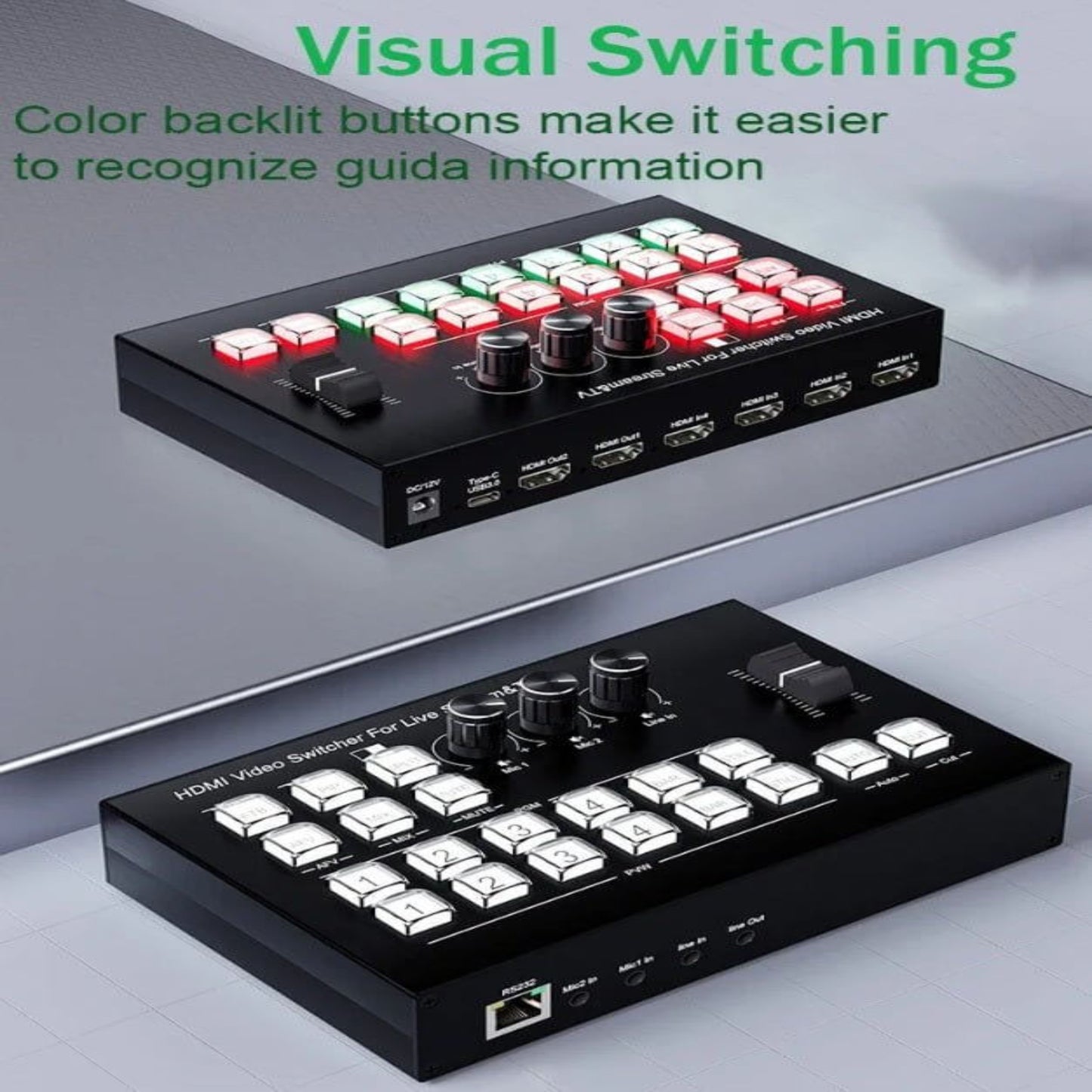 4-Channel HDMI Live Stream Switcher with color backlit buttons for easy visual recognition of inputs.