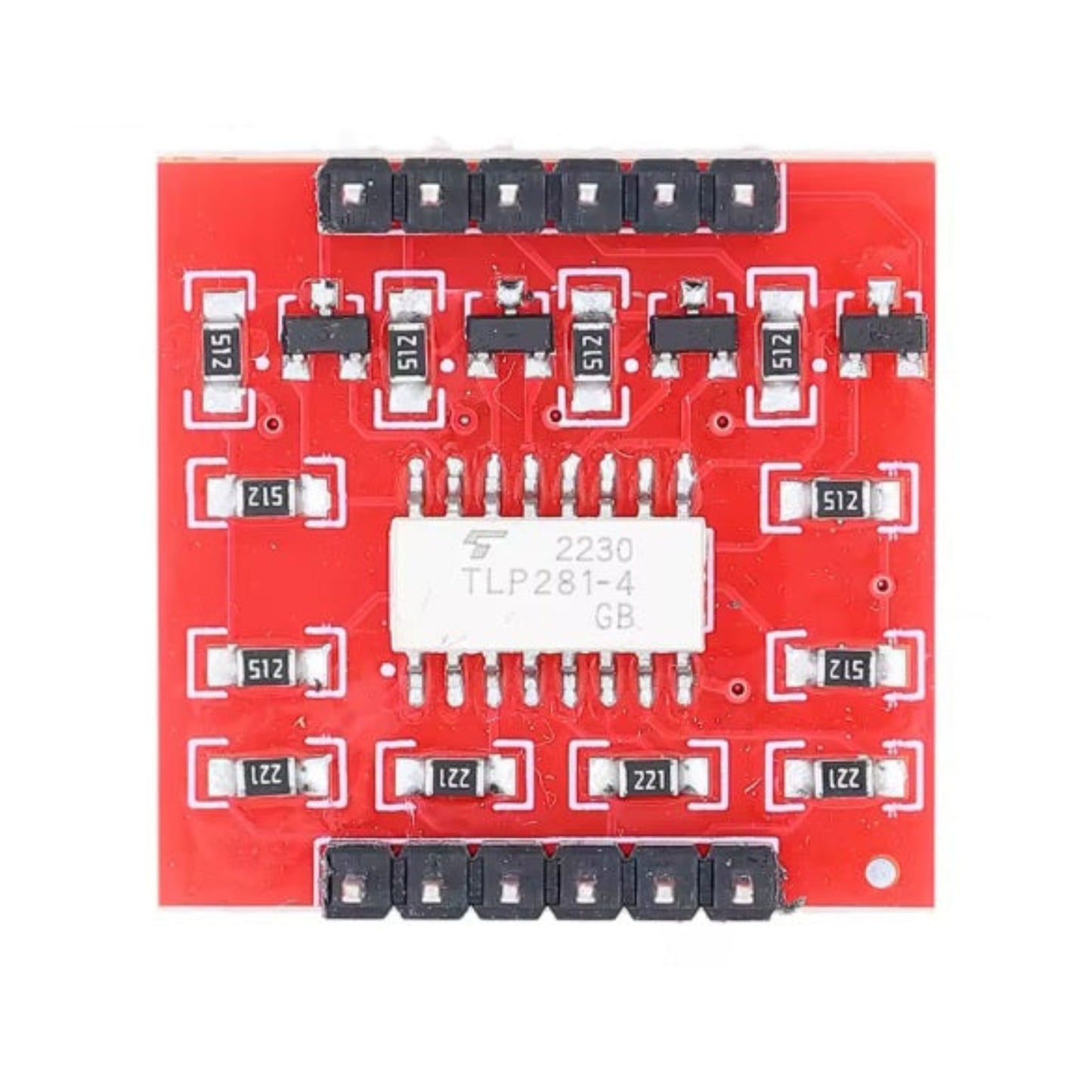 Red PCB of the 4-channel optocoupler isolation board with discrete transistors.