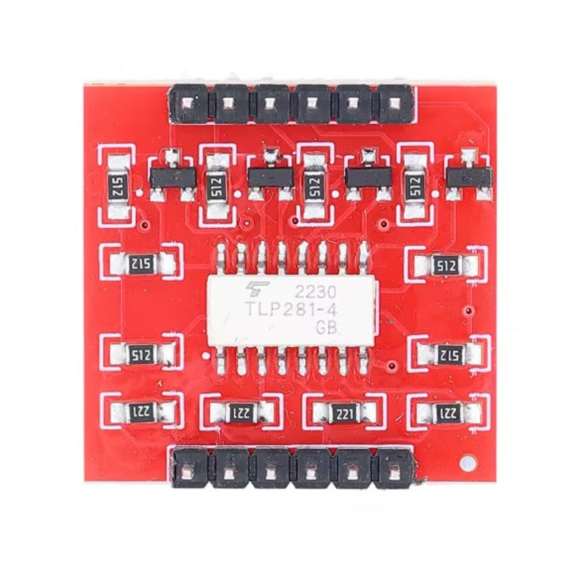 Red PCB of the 4-channel optocoupler isolation board with discrete transistors.