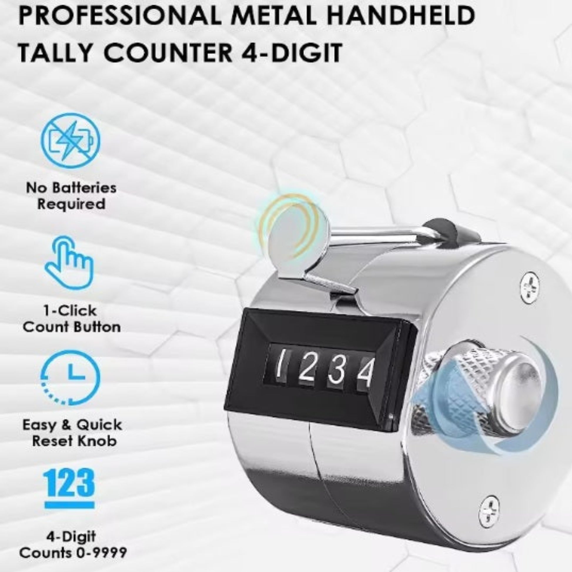 4-Digit Mechanical Hand Tally Counter - Manual Clicker for Events with metal casing and reset knob.