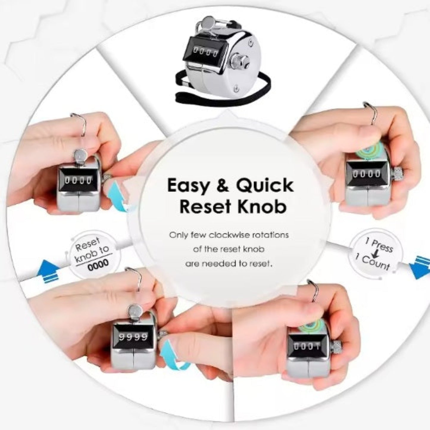 4-Digit Mechanical Hand Tally Counter - Manual Clicker for Events with easy reset knob for quick counting.