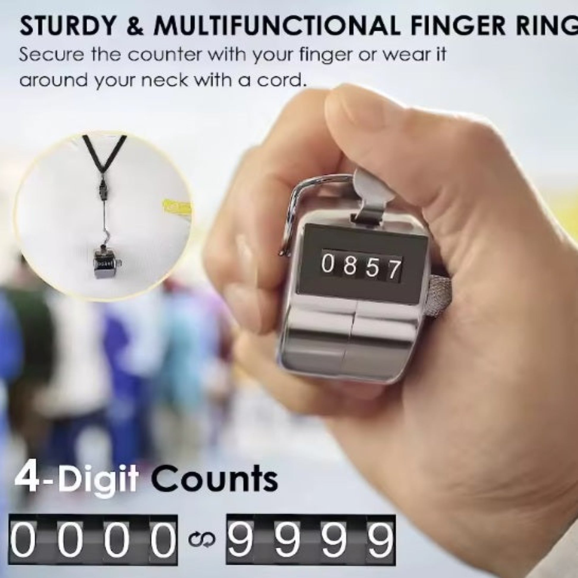 4-Digit Mechanical Hand Tally Counter - Manual Clicker for Events shown in use, counting up to 9999.