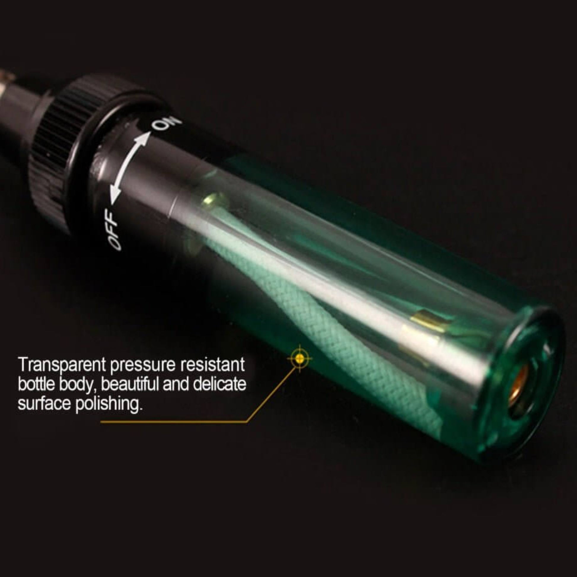 Close-up of a transparent pressure-resistant bottle showcasing its polished design and on/off feature.