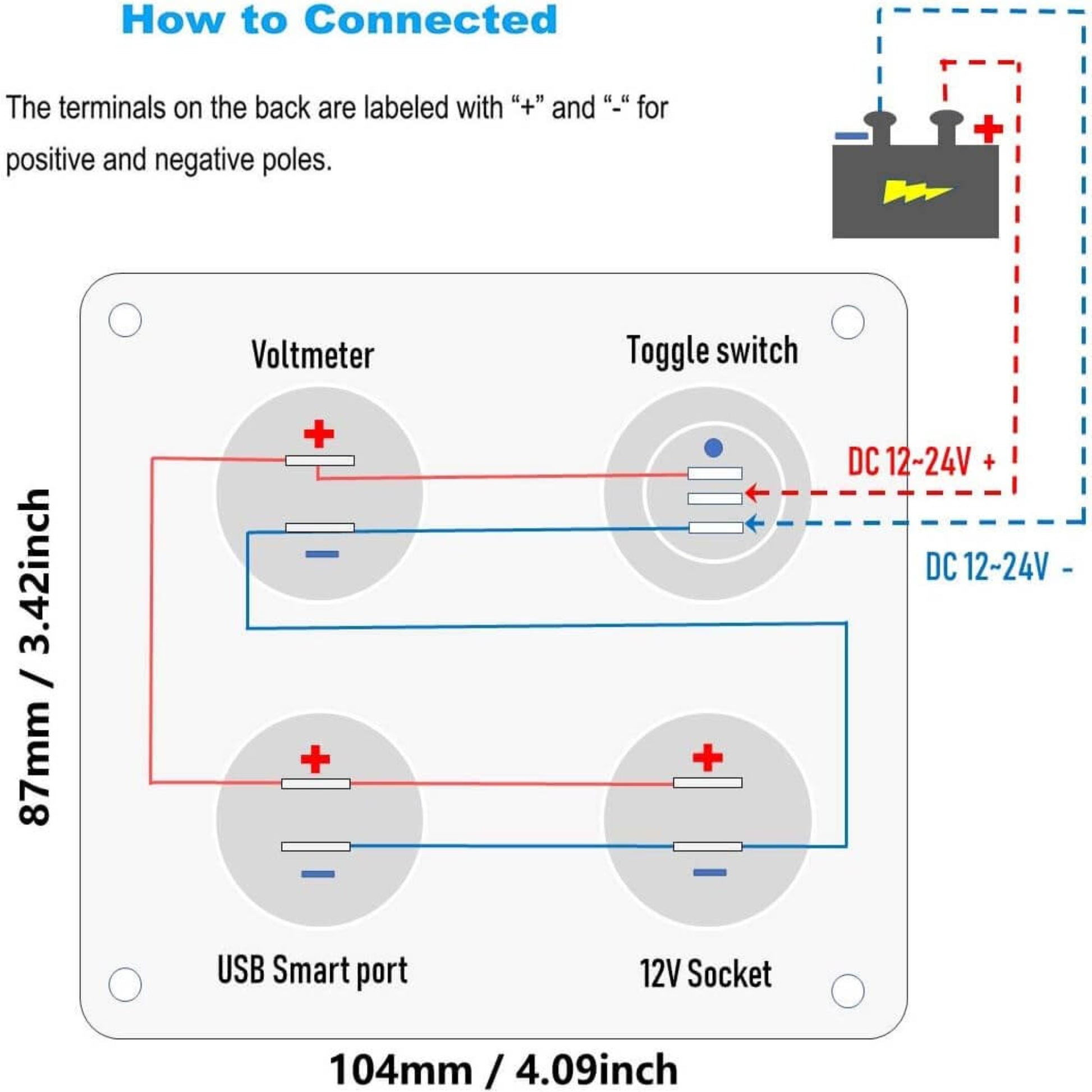 A clear wiring diagram showing how to connect the 4-in-1 panel to a 12V or 24V battery.