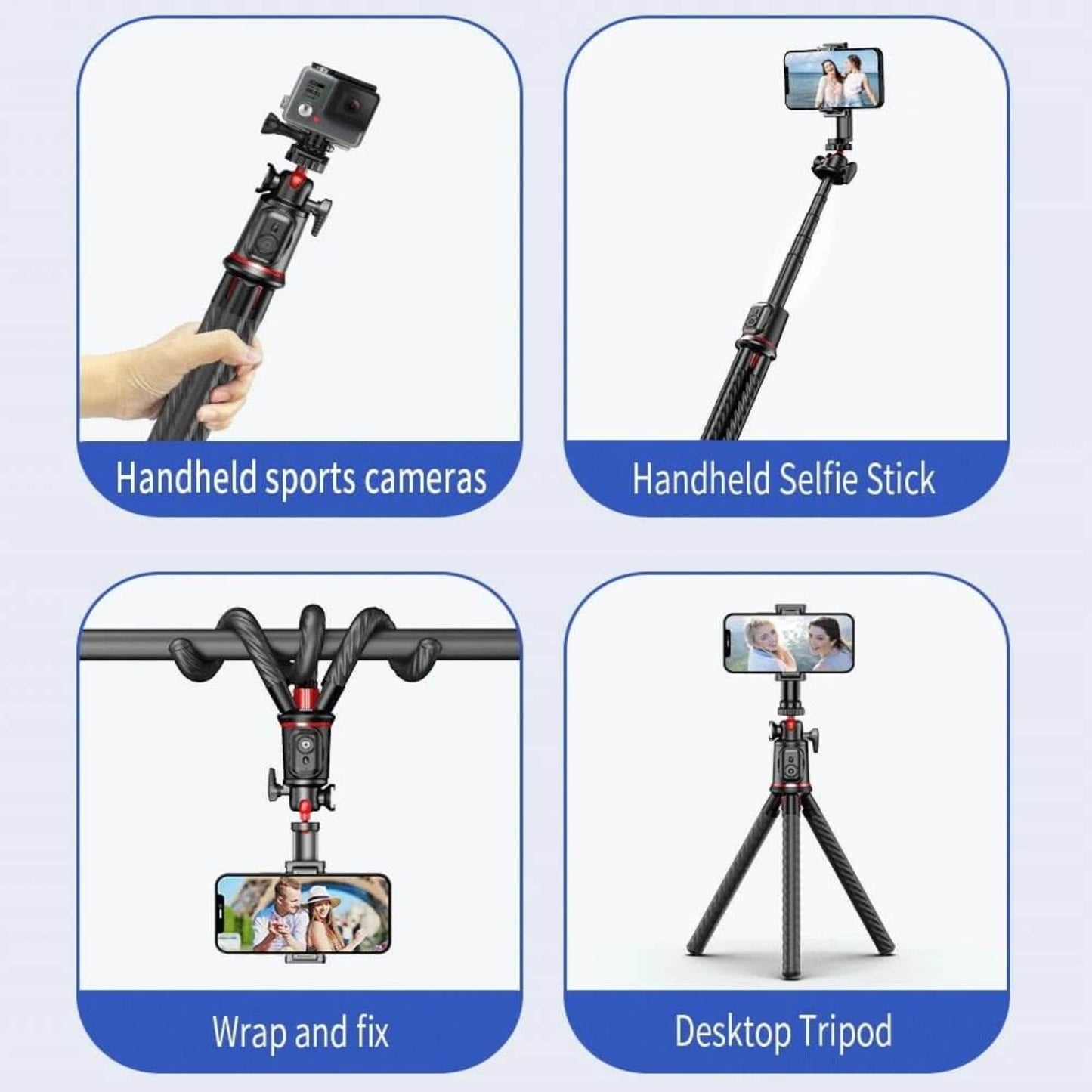 4 usage modes: handheld sports camera, selfie stick, wrap and fix, and stable desktop tripod.