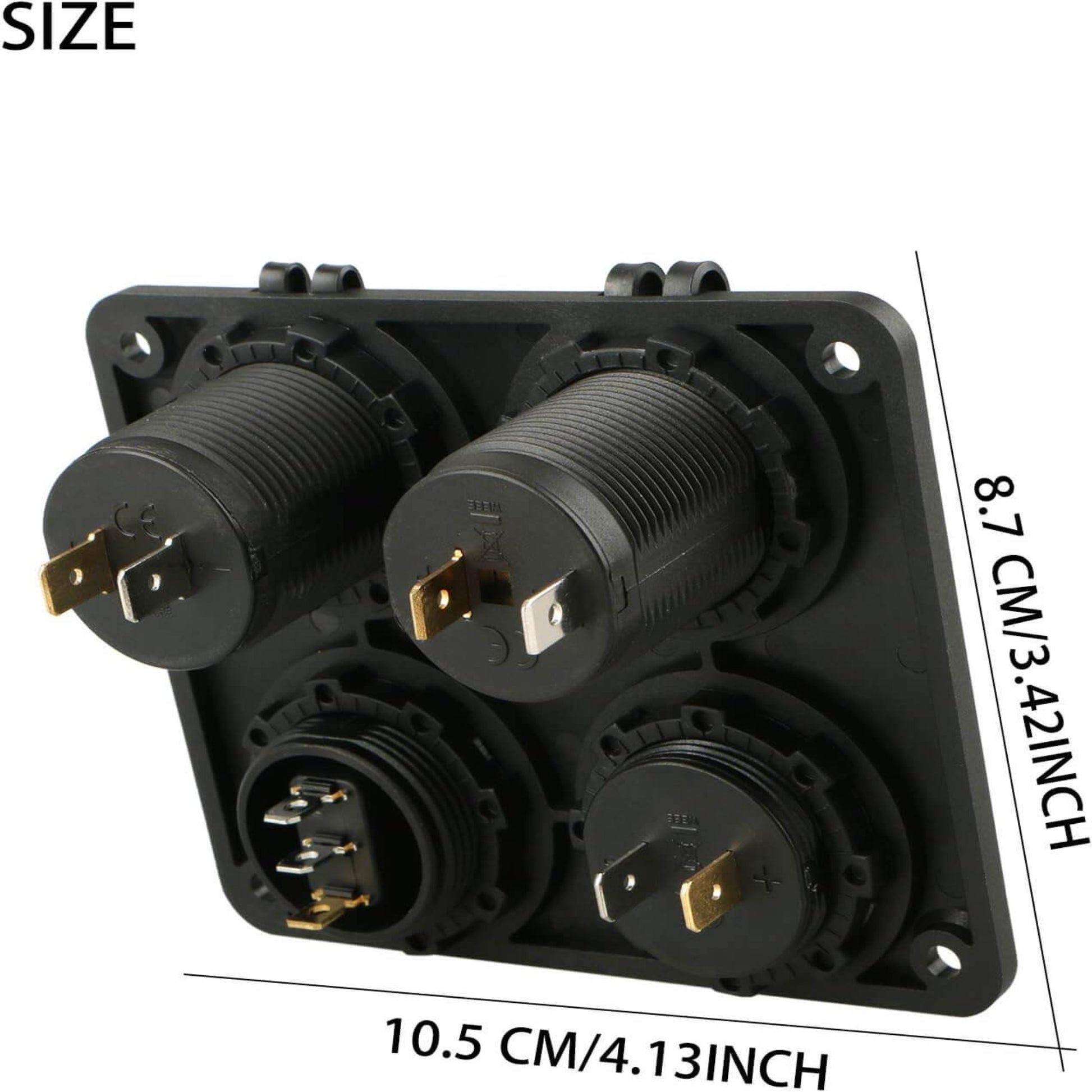Back view of the 4-in-1 power panel showing dimensions: 10.5 cm wide by 8.7 cm high.