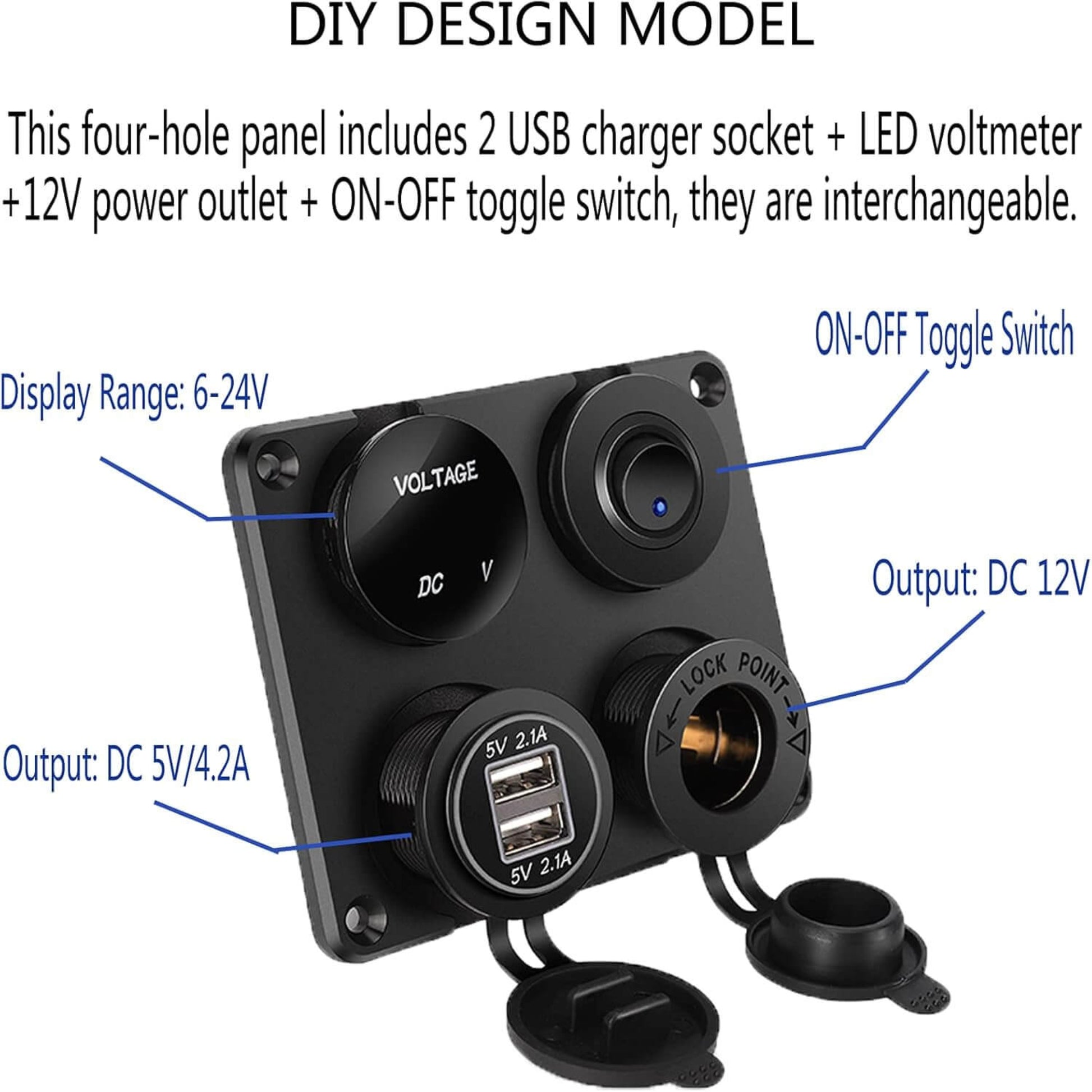 Detailed view of the 4-in-1 switch panel with labels pointing to the toggle switch, voltmeter, USB ports, and 12V outlet.

