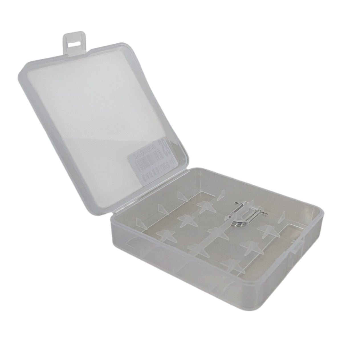 A clear plastic organizer case with an open lid, featuring multiple small compartments and a metal clip on the base, shown against a plain white background.